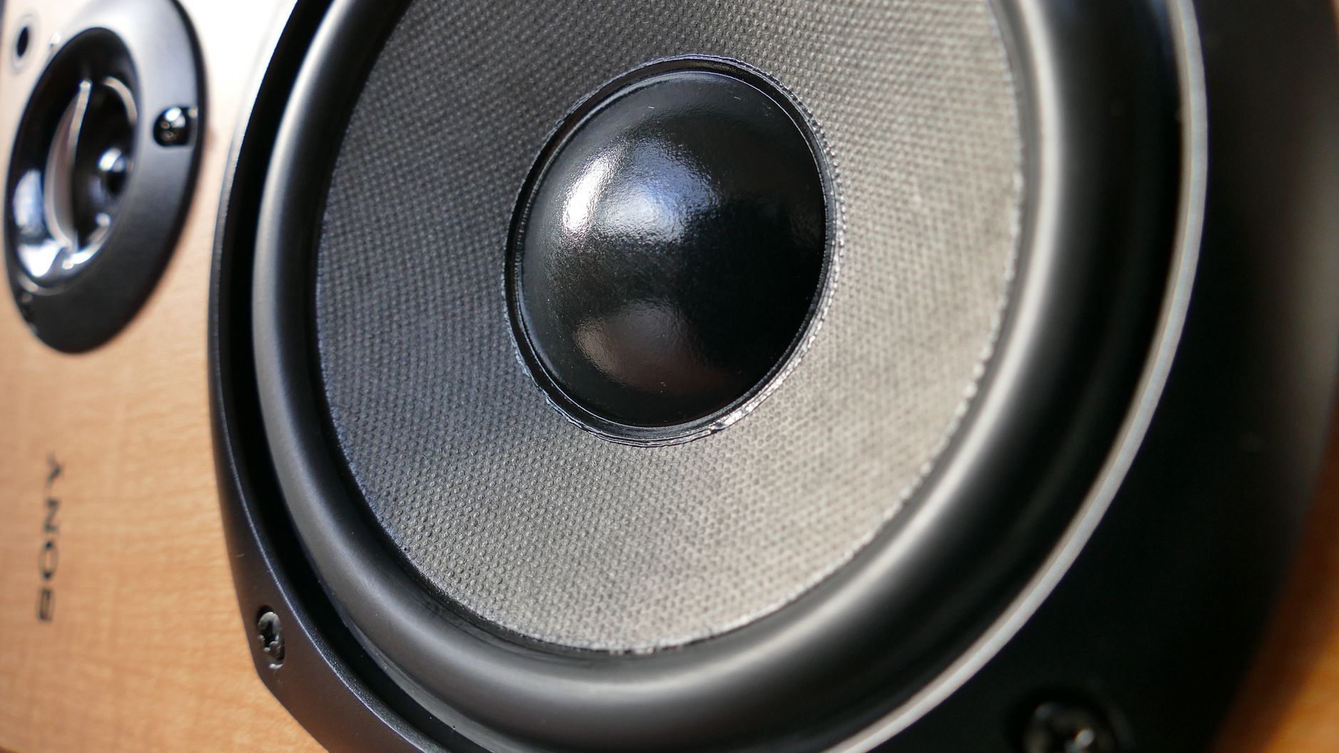 Detailed close-up of a modern speaker woofer cone showing texture and design.