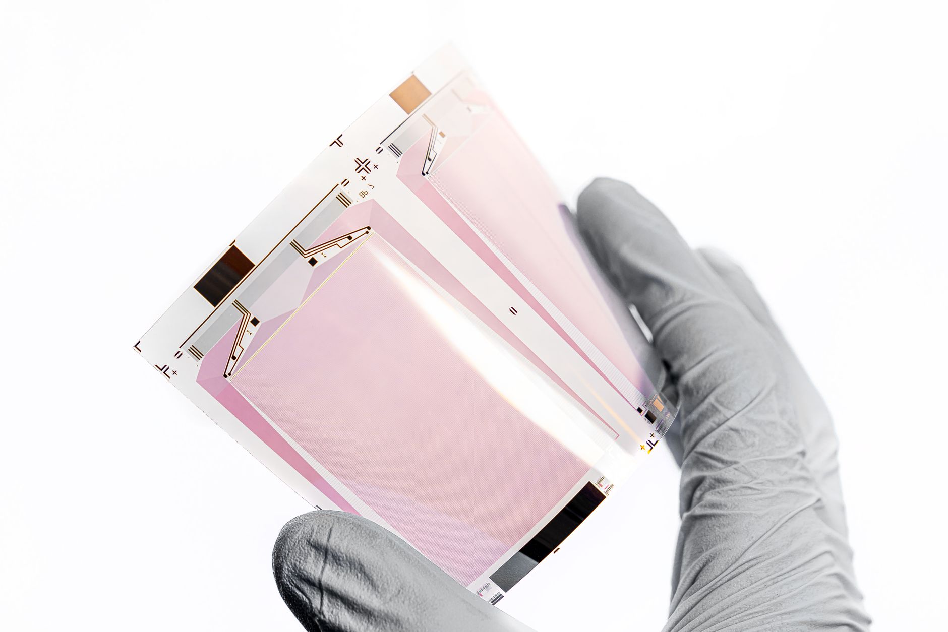 Close-up of a gloved hand holding a flexible display sheet, showcasing cutting-edge technology.