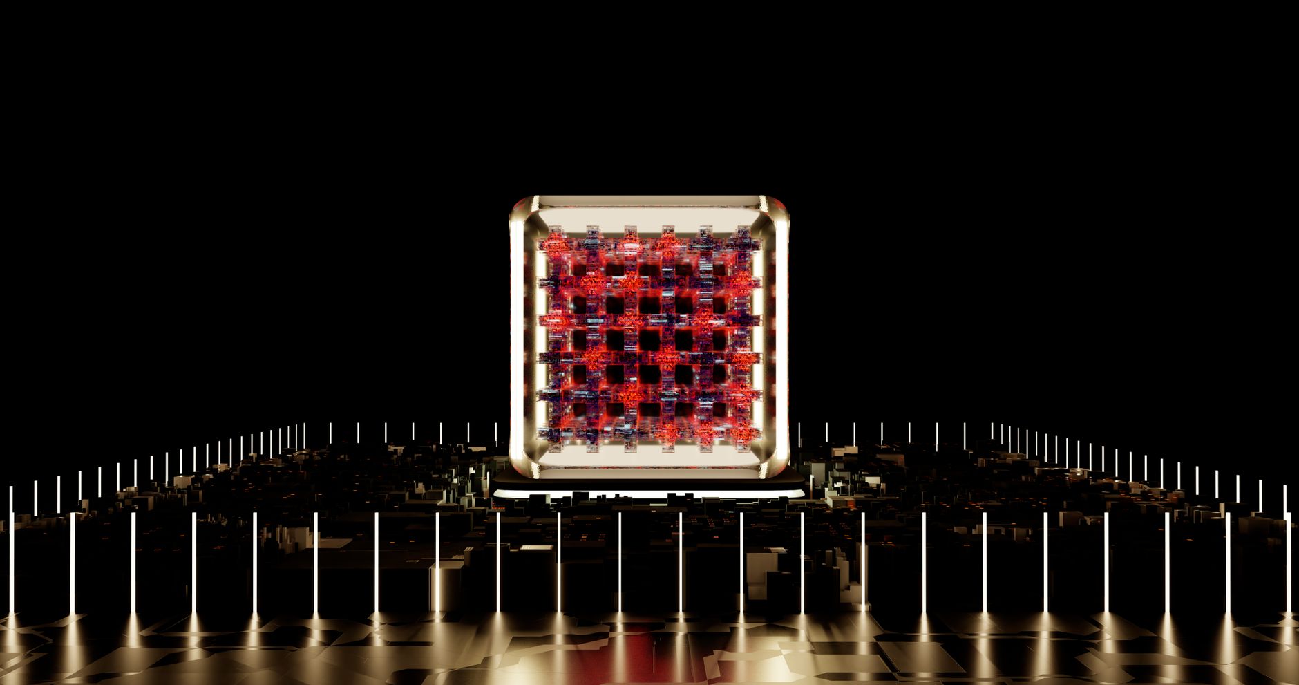 Abstract representation of a futuristic digital processor with glowing elements.